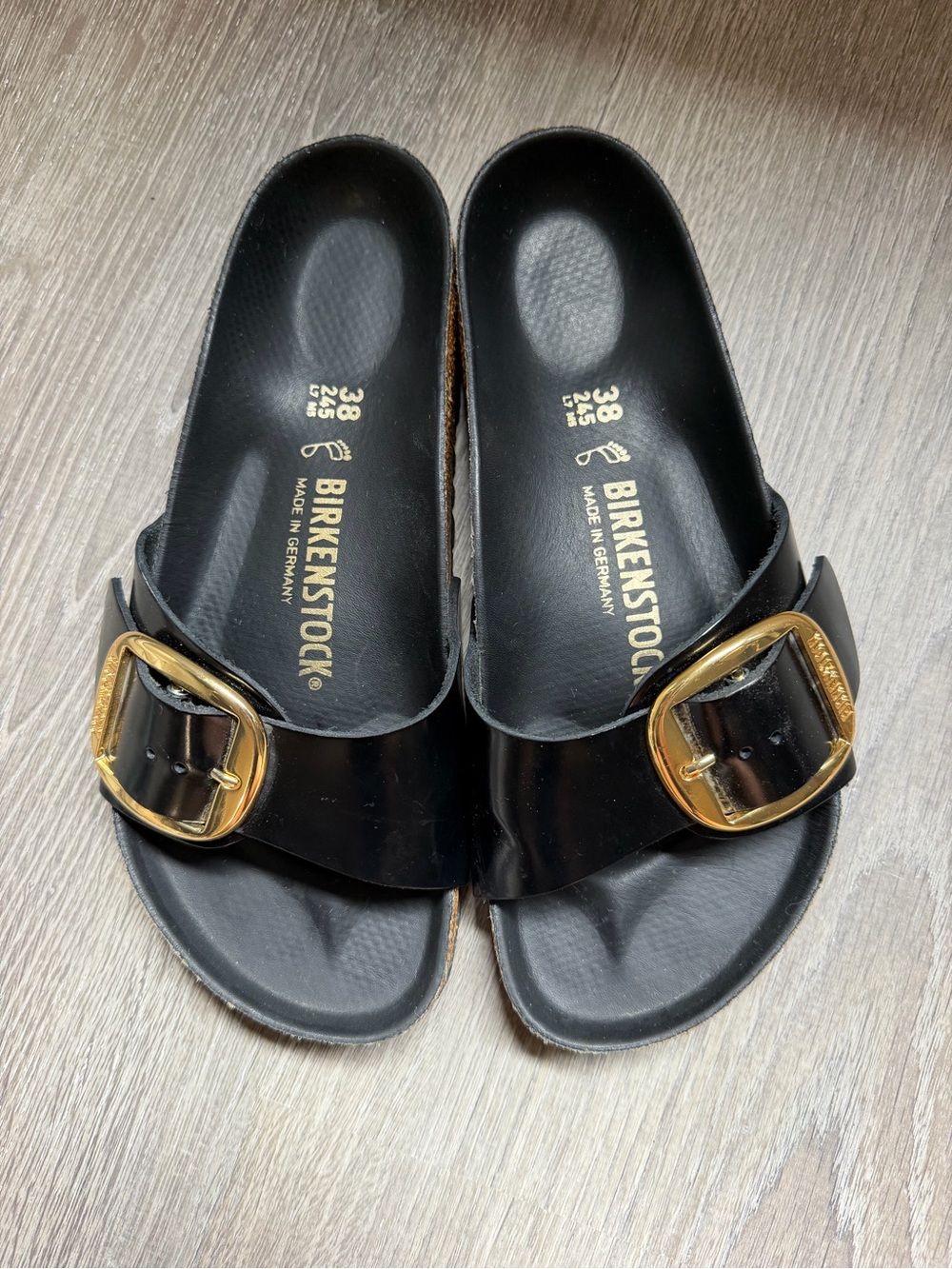 Birkenstock Black Patent Leather Slide Sandals with Gold Buckle